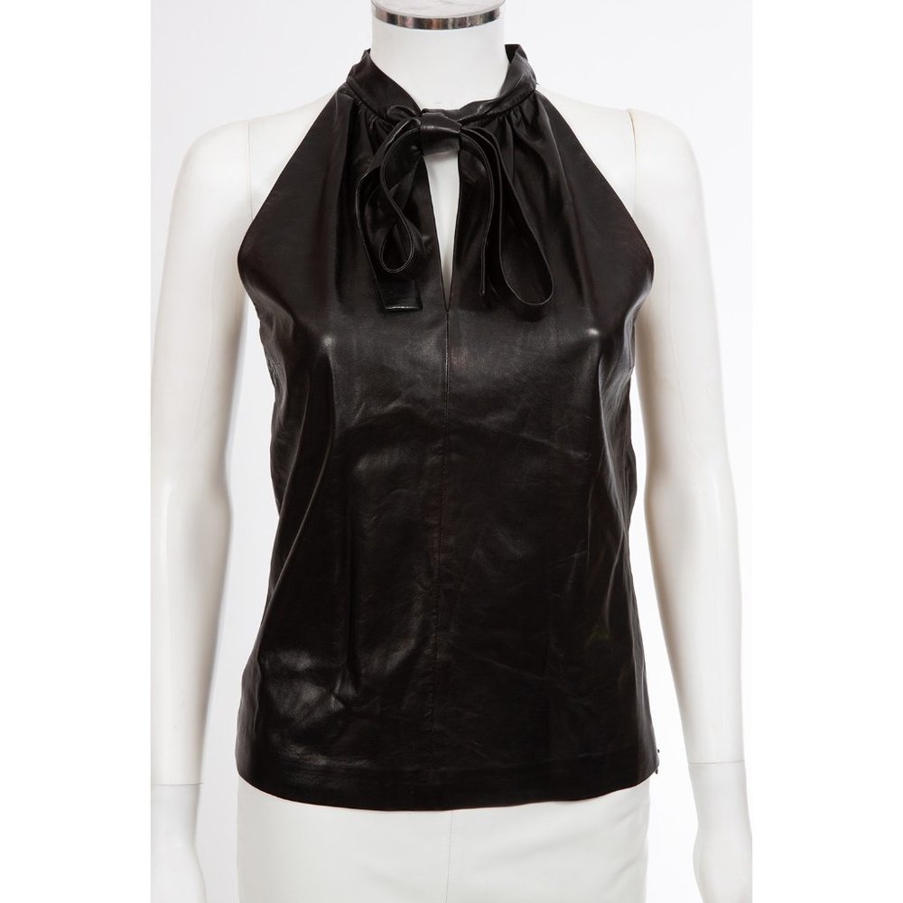 Gucci Black Lambskin Leather Tie Neck Blouse sz 36 Fits US 2 - 4